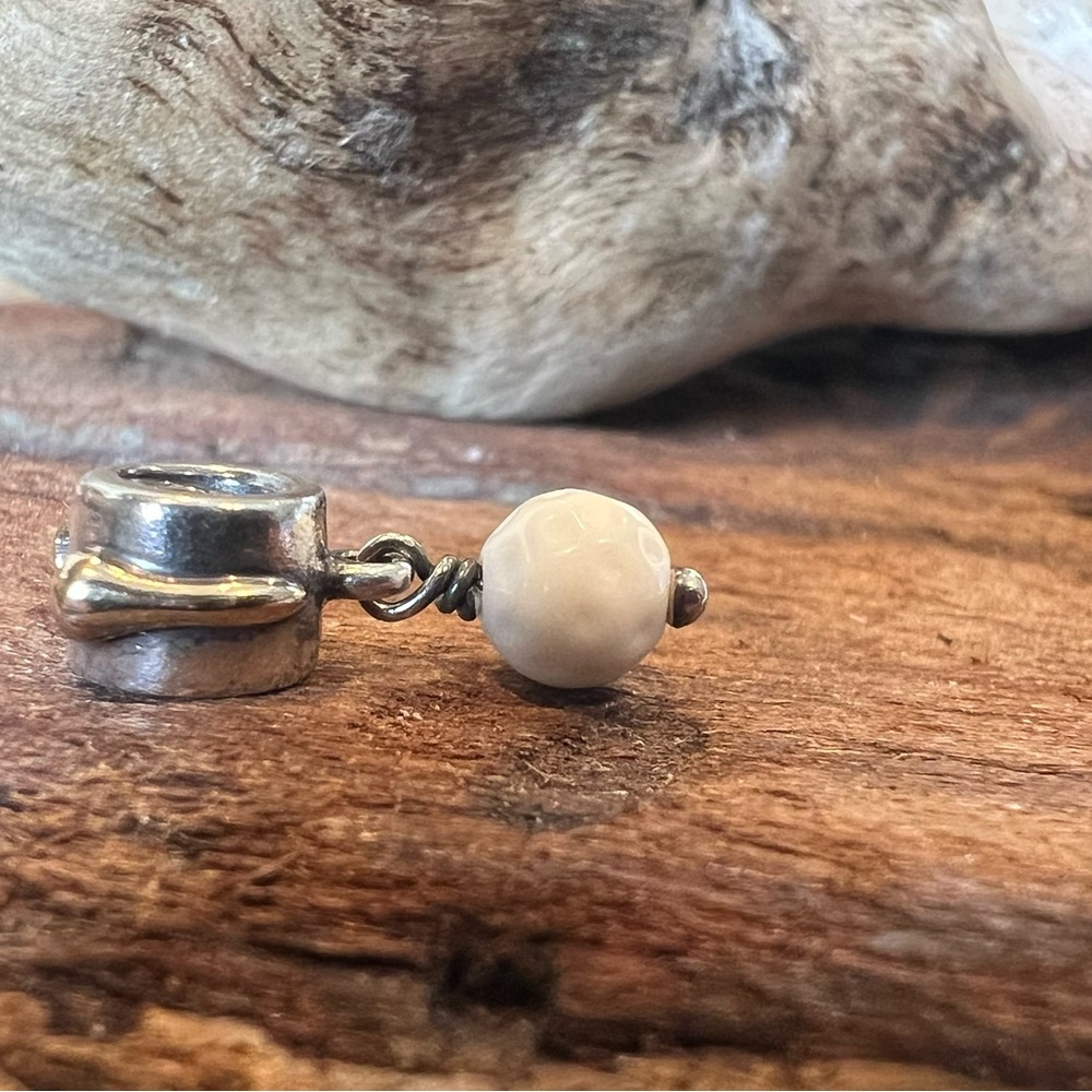 RARE Authentic Pandora Dangle TT 14K Gold Golf Ball Charm Silver White Agate HTF